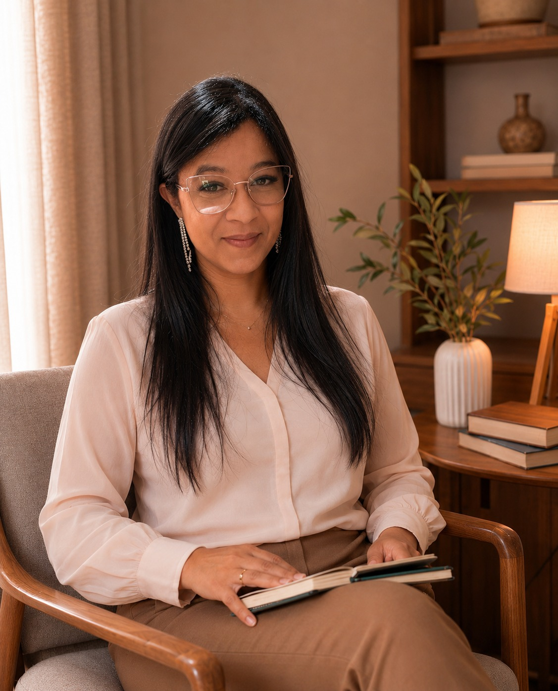 Psicóloga Patrícia Miranda em consultório, atendimento psicológico presencial e online